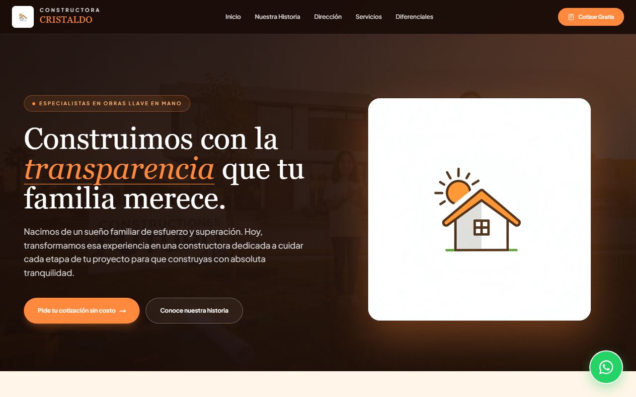 Constructora Cristaldo en vivo: landing service-first navy y terracota