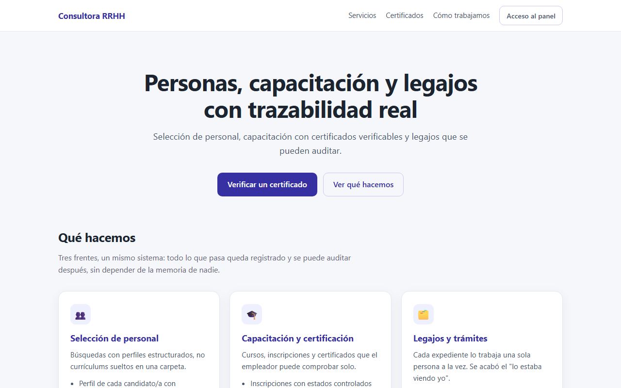Consultora RRHH en vivo: sistema de gestión con selección, capacitación y legajos auditables
