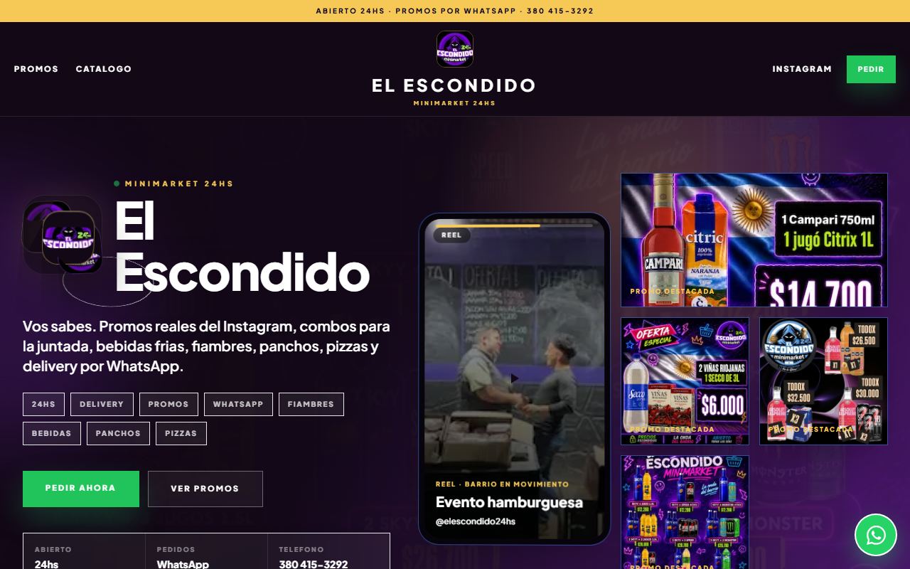 El Escondido 24hs en vivo: minimarket con delivery y pedido por WhatsApp