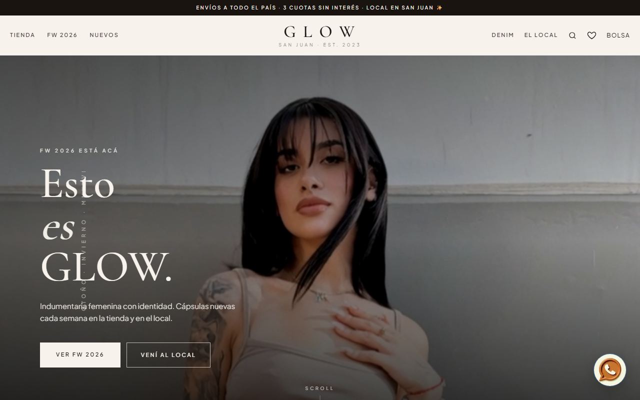 GLOW en vivo: hero editorial con video lifestyle, boutique femenina en San Juan