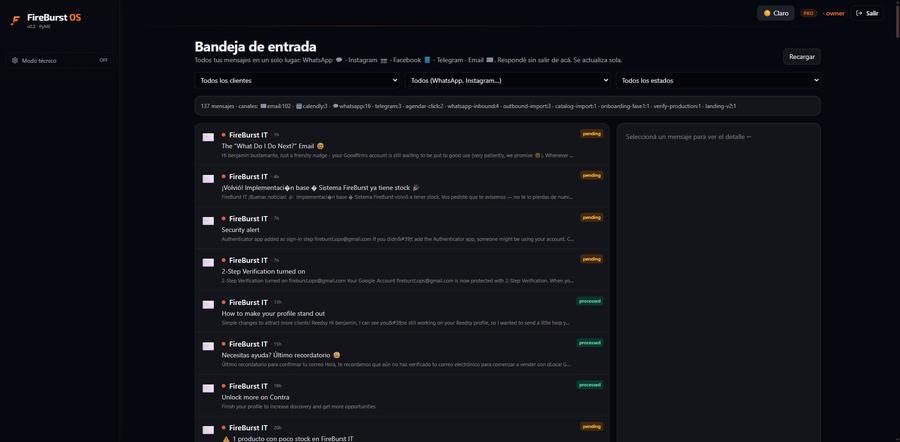 Bandeja de entrada unificada — WhatsApp, Instagram, Facebook, Email